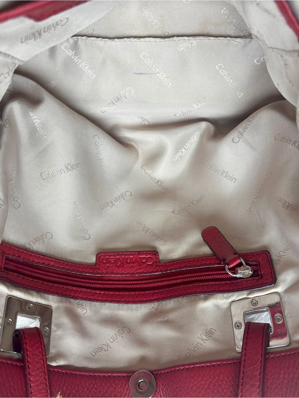 Calvin Klein Red Pebbled Leather Tote Bag Silver Hardware Excellent Condition